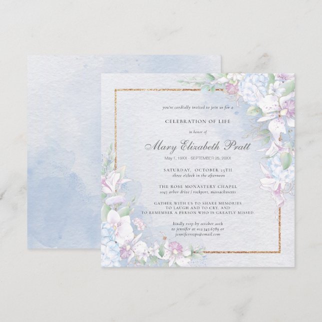 Invitation Célébration de la vie Dusty bleu et blanc floral (Devant / Derrière)