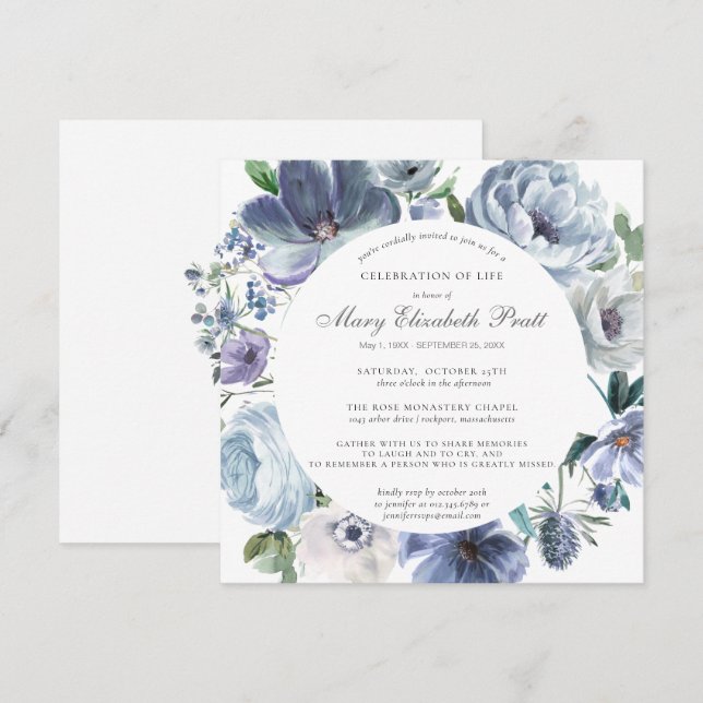Invitation Célébration de la vie Dusty bleu et blanc Floral e (Devant / Derrière)