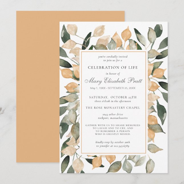 Invitation Célébration de la vie Dusty Terracotta Botanical (Devant / Derrière)