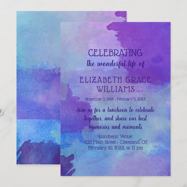 Invitation Célébration de la vie en Aquarelle bleu et bleu (Devant / Derrière)