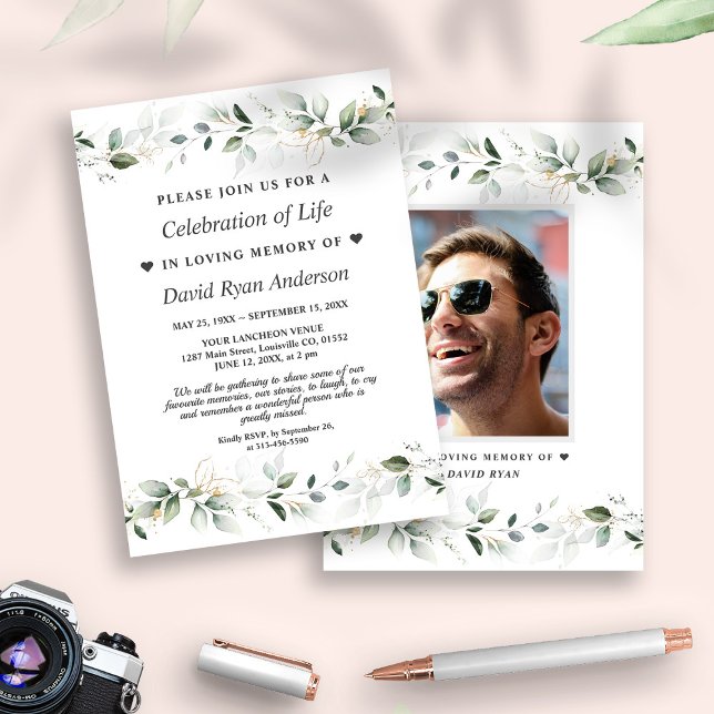 Invitation Célébration de la vie en feuille Photo Funeral Mem (trendy greenery man celebrating the life invitation, elegant photo celebrating the life invite)