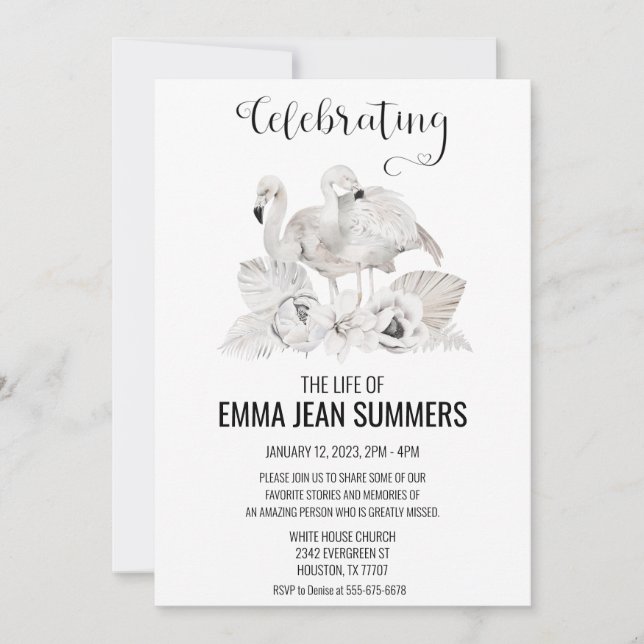 Invitation Célébration de la vie Flamant rose blanc Boho Trop (Devant)