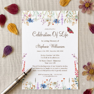 Invitation Célébration de la vie Fleur sauvage et Papillon