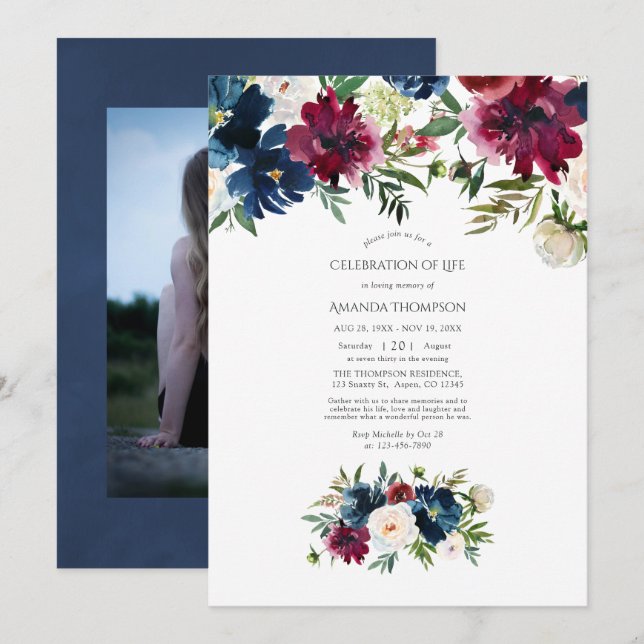 Invitation Célébration de la vie florale à l'aquarelle Bordo  (Devant / Derrière)