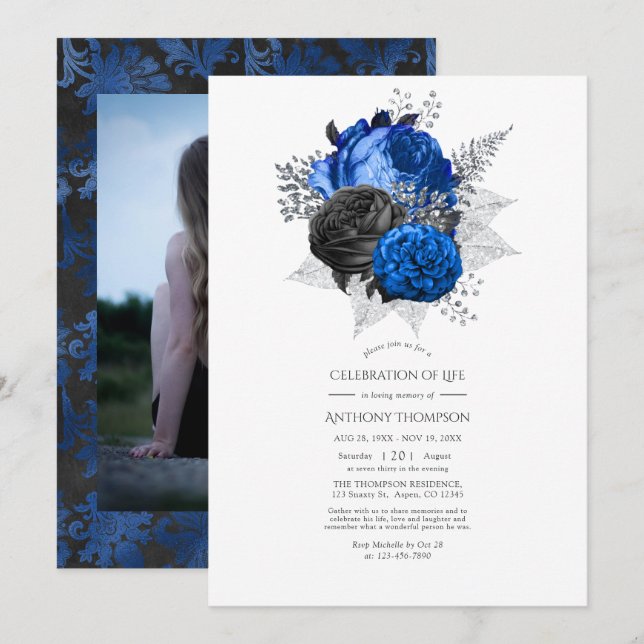 Invitation Célébration de la vie florale bleu, noir et argent (Devant / Derrière)