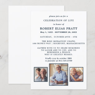 Invitation Célébration de la vie Funérailles Bleu Blanc 3 Pho