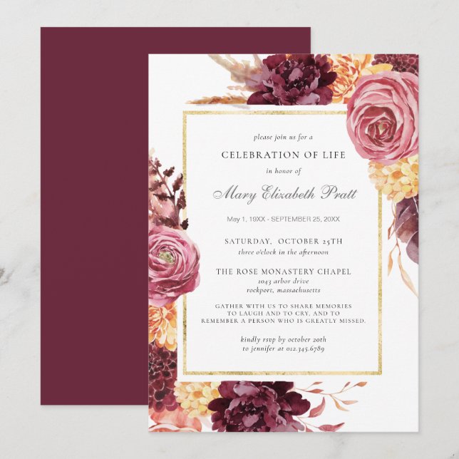 Invitation Célébration de la vie Funérailles Bourgogne rose F (Devant / Derrière)