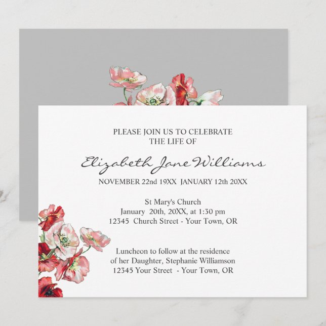 Invitation Célébration de la vie | Funérailles | Poppy (Devant / Derrière)