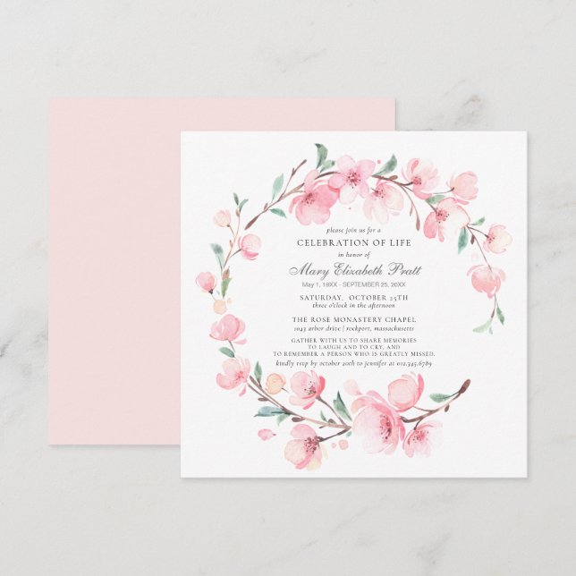 Invitation Célébration de la vie Funérailles rose cerise en f (Devant / Derrière)