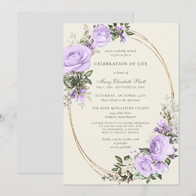 Invitation Célébration de la vie funéraire Blush Purple Flora (Devant / Derrière)