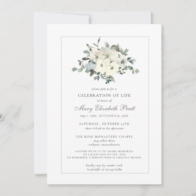 Invitation Célébration de la vie funéraire Memorial Floral bl (Devant)