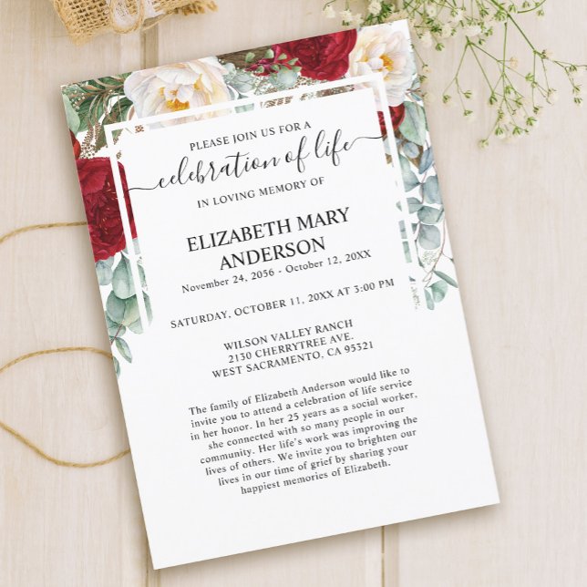 Invitation Célébration de la vie funéraire Memorial Red Roses (Créateur téléchargé)