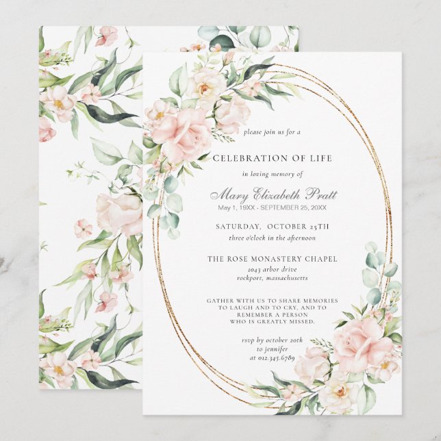Invitation Célébration de la vie funéraire Mémorial rose flor (Devant / Derrière)
