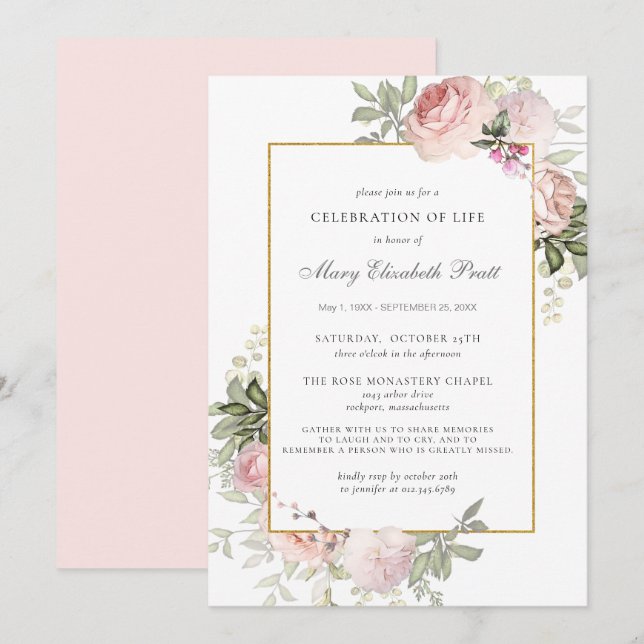 Invitation Célébration de la vie funéraire Mémorial rose flor (Devant / Derrière)