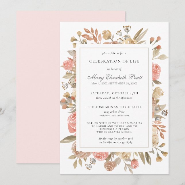 Invitation Célébration de la vie funéraire Mémorial rose flor (Devant / Derrière)