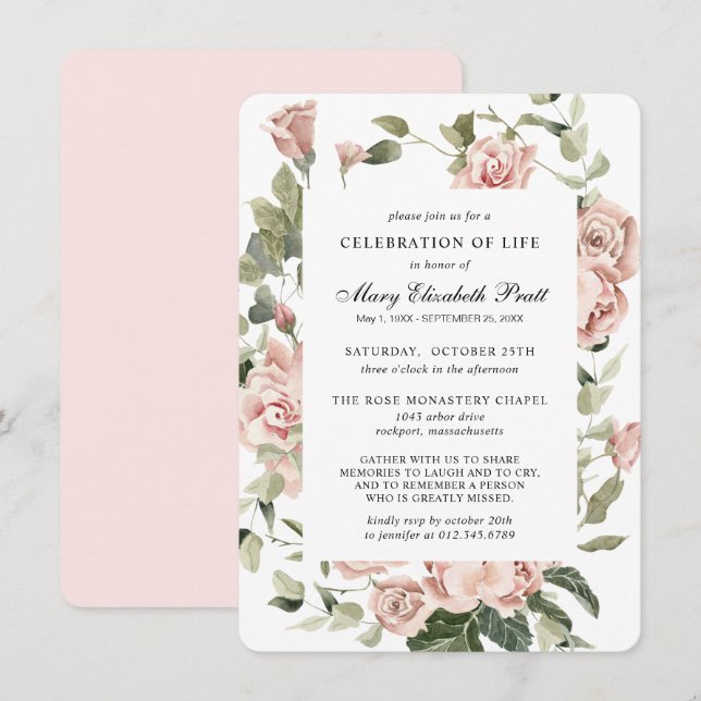Invitation Célébration de la vie funéraire Mémorial rose flor (Devant / Derrière)