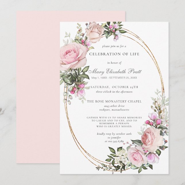 Invitation Célébration de la vie funéraire Mémorial rose flor (Devant / Derrière)