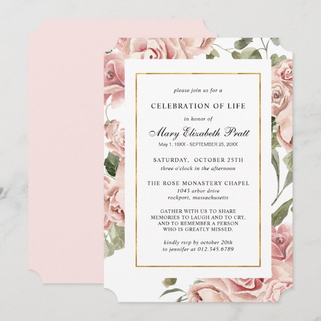 Invitation Célébration de la vie funéraire Mémorial rose flor (Devant / Derrière)