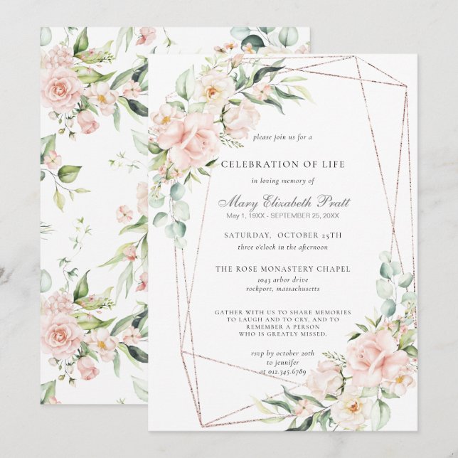 Invitation Célébration de la vie funéraire Mémorial rose flor (Devant / Derrière)