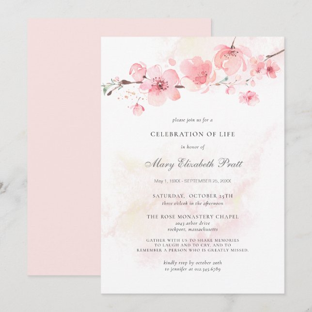 Invitation Célébration de la vie funéraire Mémorial rose flor (Devant / Derrière)