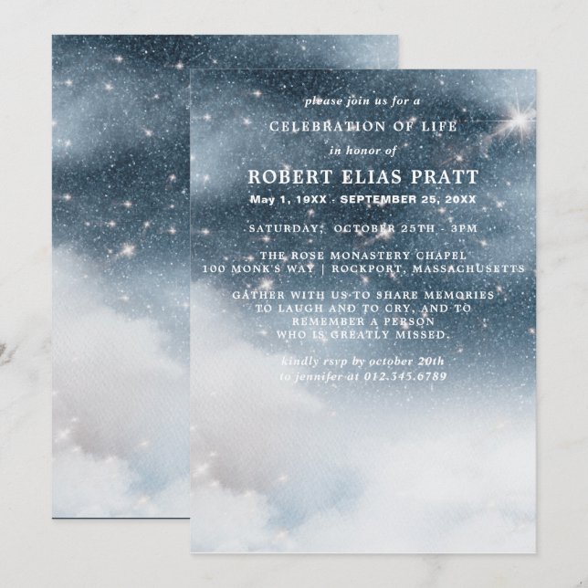 Invitation Célébration de la vie funéraire Mémorial Starry Sk (Devant / Derrière)
