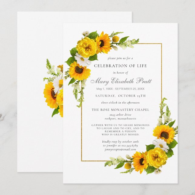 Invitation Célébration de la vie funéraire Mémorial tournesol (Devant / Derrière)