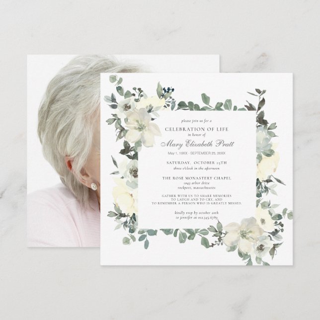 Invitation Célébration de la vie Funéraire Photo Florale Blan (Devant / Derrière)