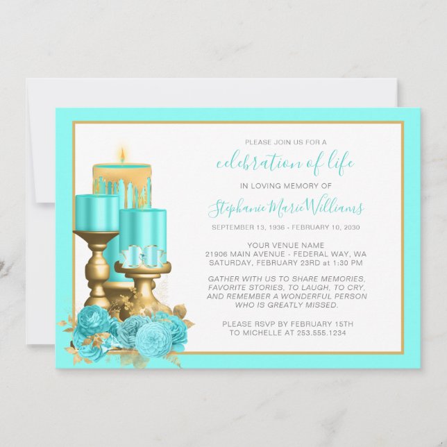 Invitation Célébration de la vie Funéraire Turquoise bougie (Devant)