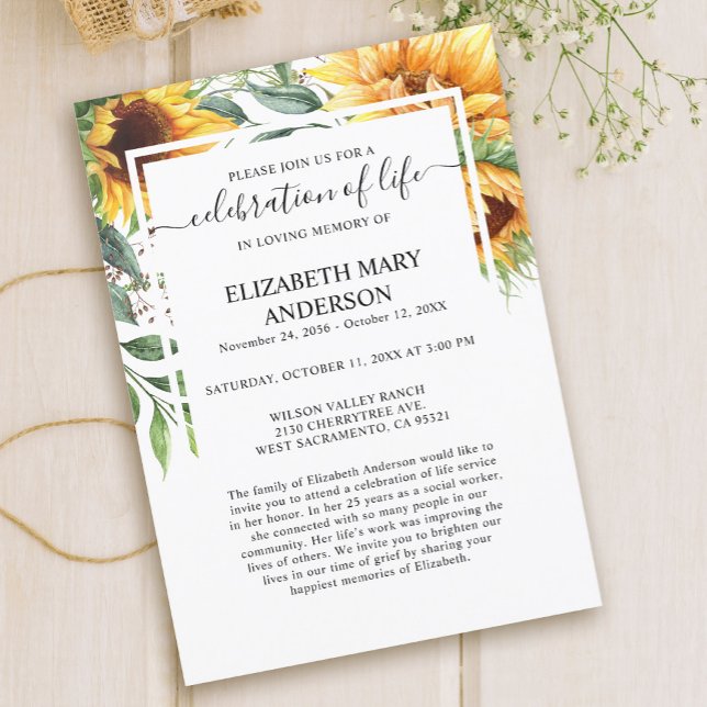 Invitation Célébration de la vie Funeral Memorial Tournesol (Créateur téléchargé)