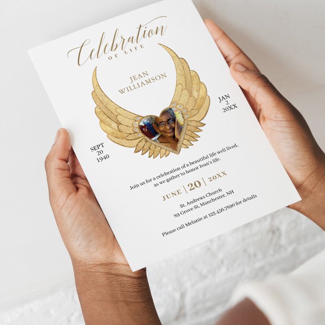 Invitation Célébration de la vie Gold Angel Wings Photo (Créateur téléchargé)