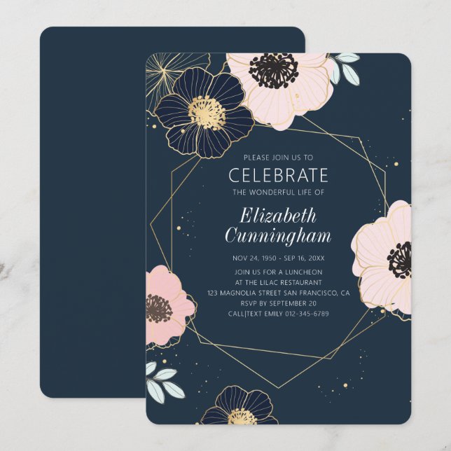 Invitation Célébration De La Vie Moderne Emboss Floral Géomét (Devant / Derrière)