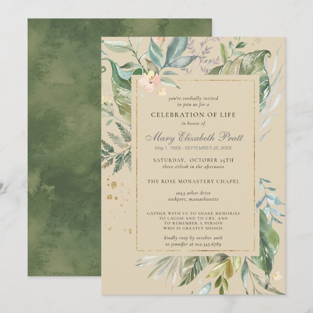 Invitation Célébration de la vie Moderne Vert Or Botanique en (Devant / Derrière)
