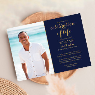 Invitation Célébration de la vie Navy Blue Gold Photo de funé