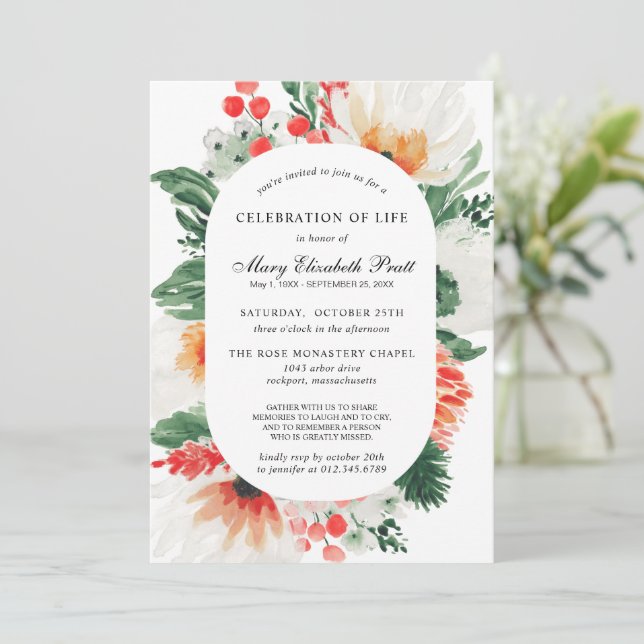 Invitation Célébration de la vie Orange Blanc Floral Botaniqu (Debout devant)