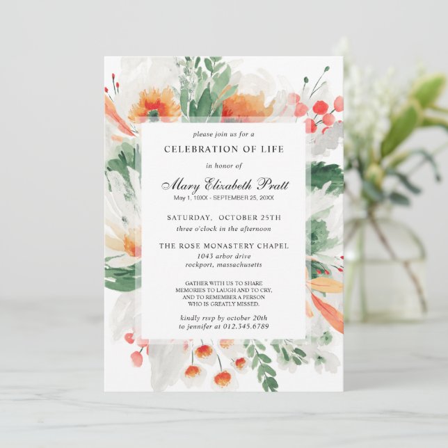 Invitation Célébration de la vie Orange Blanc Floral Botaniqu (Debout devant)