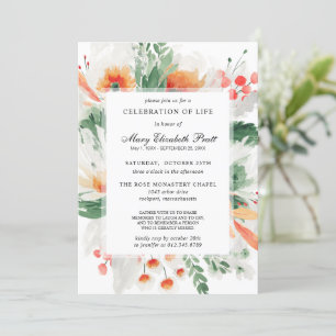 Invitation Célébration de la vie Orange Blanc Floral Botaniqu