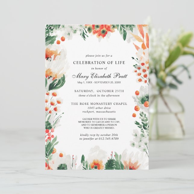 Invitation Célébration de la vie Orange White Floral Funérail (Debout devant)