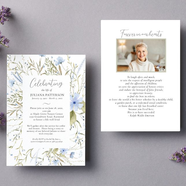 Invitation Célébration de la vie Plutôt Bleu Floral Funéraill (Créateur téléchargé)