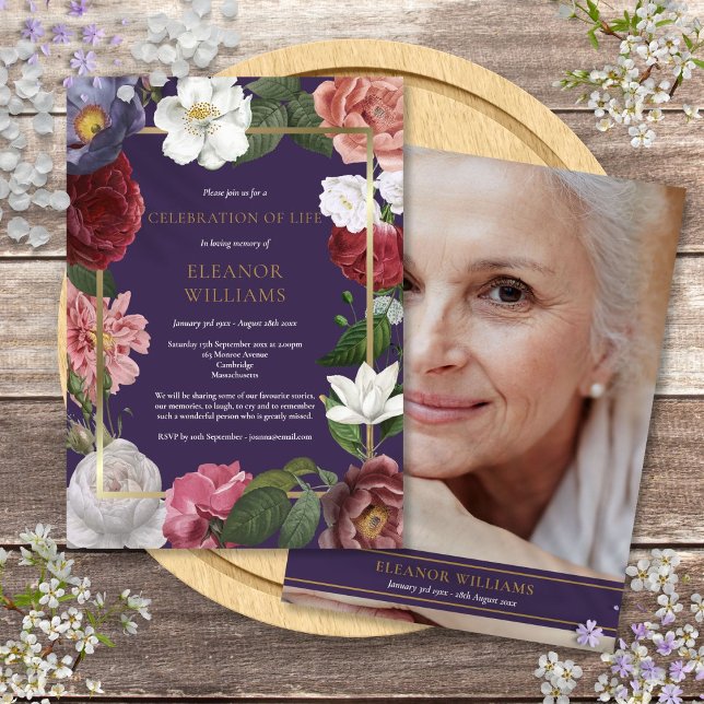 Invitation Célébration de la vie Purple Gold Rose Floral Phot (Celebration of Life Purple Gold Rose Floral Photo Invitation)