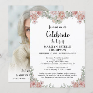 Invitation Célébration de la vie rose florale Keepsaké photo