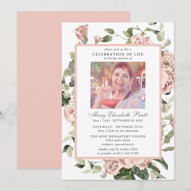 Invitation Célébration de la vie rose rose Rose photo florale (Devant / Derrière)