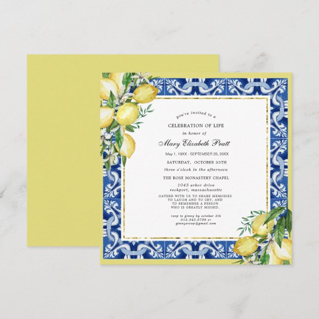 Invitation Célébration de la vie Service commémoratif Citron  (Devant / Derrière)