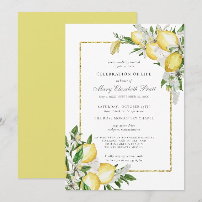 Invitation Célébration de la vie Service commémoratif Lemon I (Devant / Derrière)