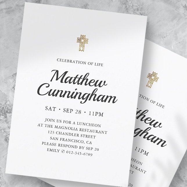 Invitation Célébration de la vie Simple Faux Gold Cross (Créateur téléchargé)