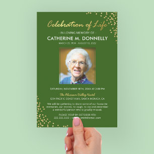 Invitation Célébration de la vie   Vert or funéraire mémorial