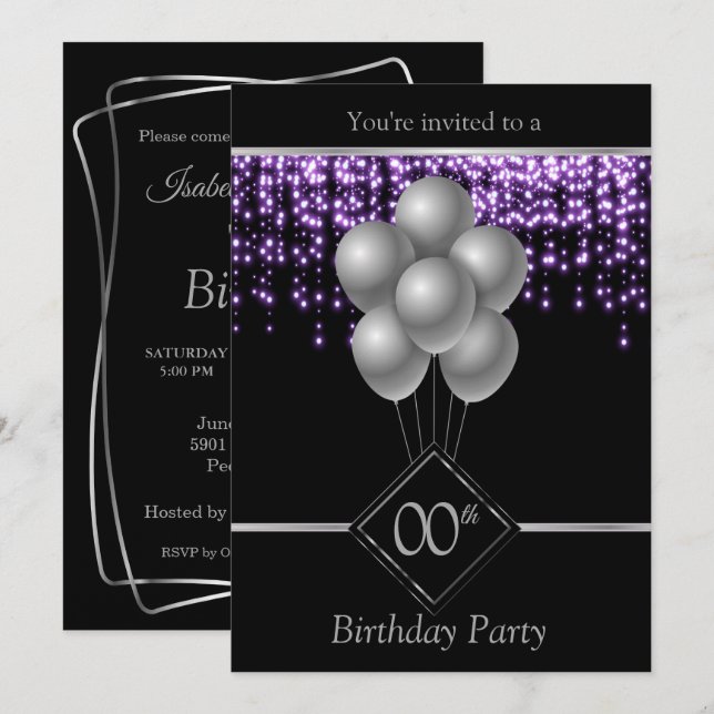 Invitation Célébration de l'anniversaire avec des étoiles vio (Devant / Derrière)