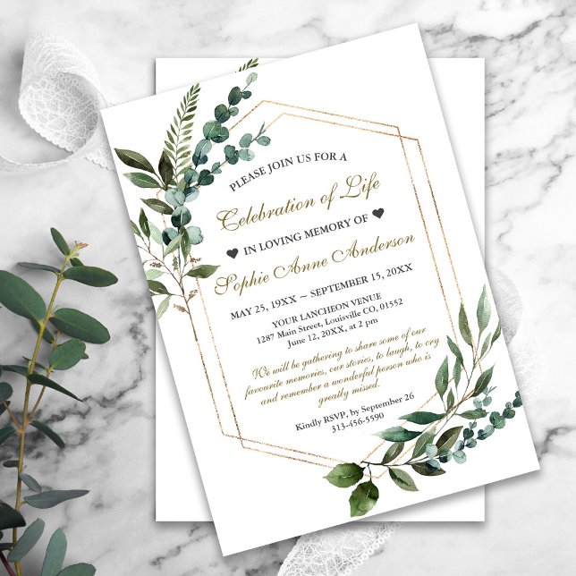 Invitation Célébration de l'or de la verdure commémoration fu (celebration of life funeral memorial elegant greenery invitation)