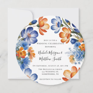 Invitation Célébration de mariage floral bleu cobalt et orang