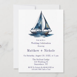 Invitation Célébration de mariage nautique voilier bleu et or