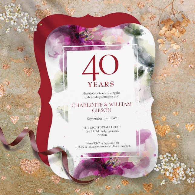 Invitation Célébration de mariage rubis élégant floral 40 ans (Ruby 40th Wedding Anniversary Elegant Floral Invitation)